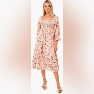 HYACINTH HOUSE pink ditzy floral square neck smocked midi length dress cotton XS